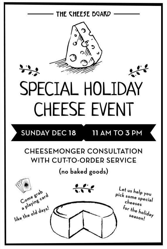 Special Holiday Cheese Event poster - dec 18 11am to 3pm